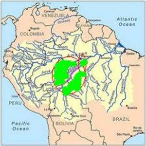 A pirossal szegélyezett zöld terület jelöli nagyjából a Corydoras similis élőterületét, a zöld csík képezi a Rio Madeira folyását